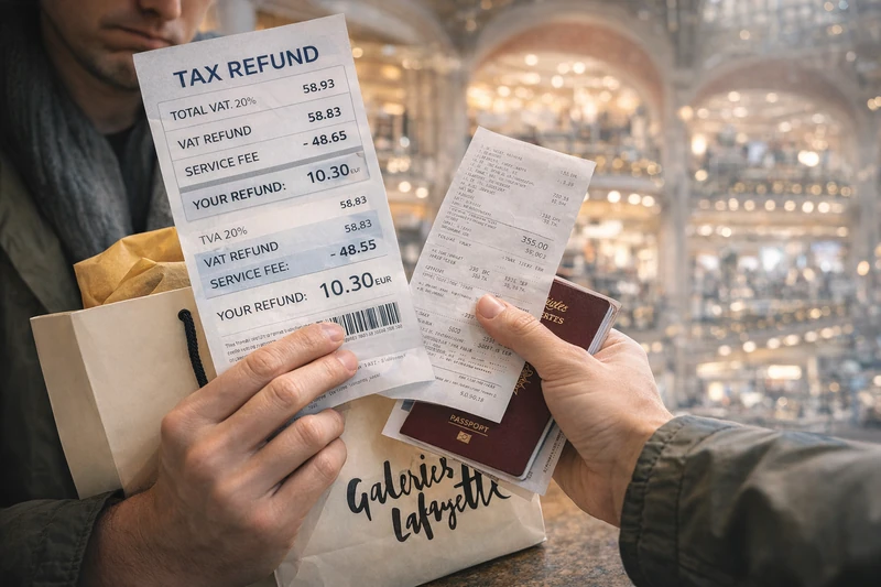 유럽 백화점 내부에서 여행객이 라파예트 쇼핑백, 영수증, 여권, 택스리펀 서류를 함께 들고 환급 금액을 확인하는 모습. 영수증의 부가세율과 실제 환급액 차이가 커서 실망스러운 분위기가 전달된다.