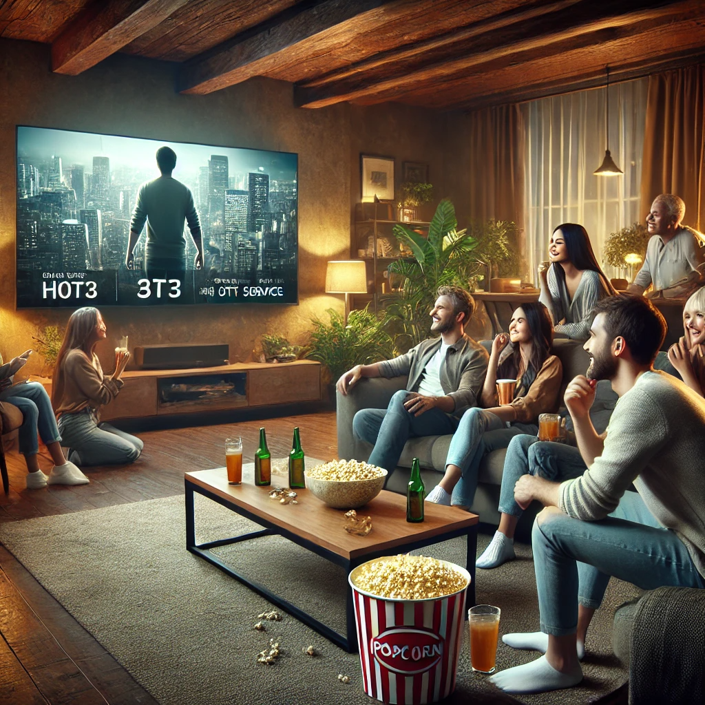 친구들이 거실에서 OTT 서비스로 영화를 보는 장면.