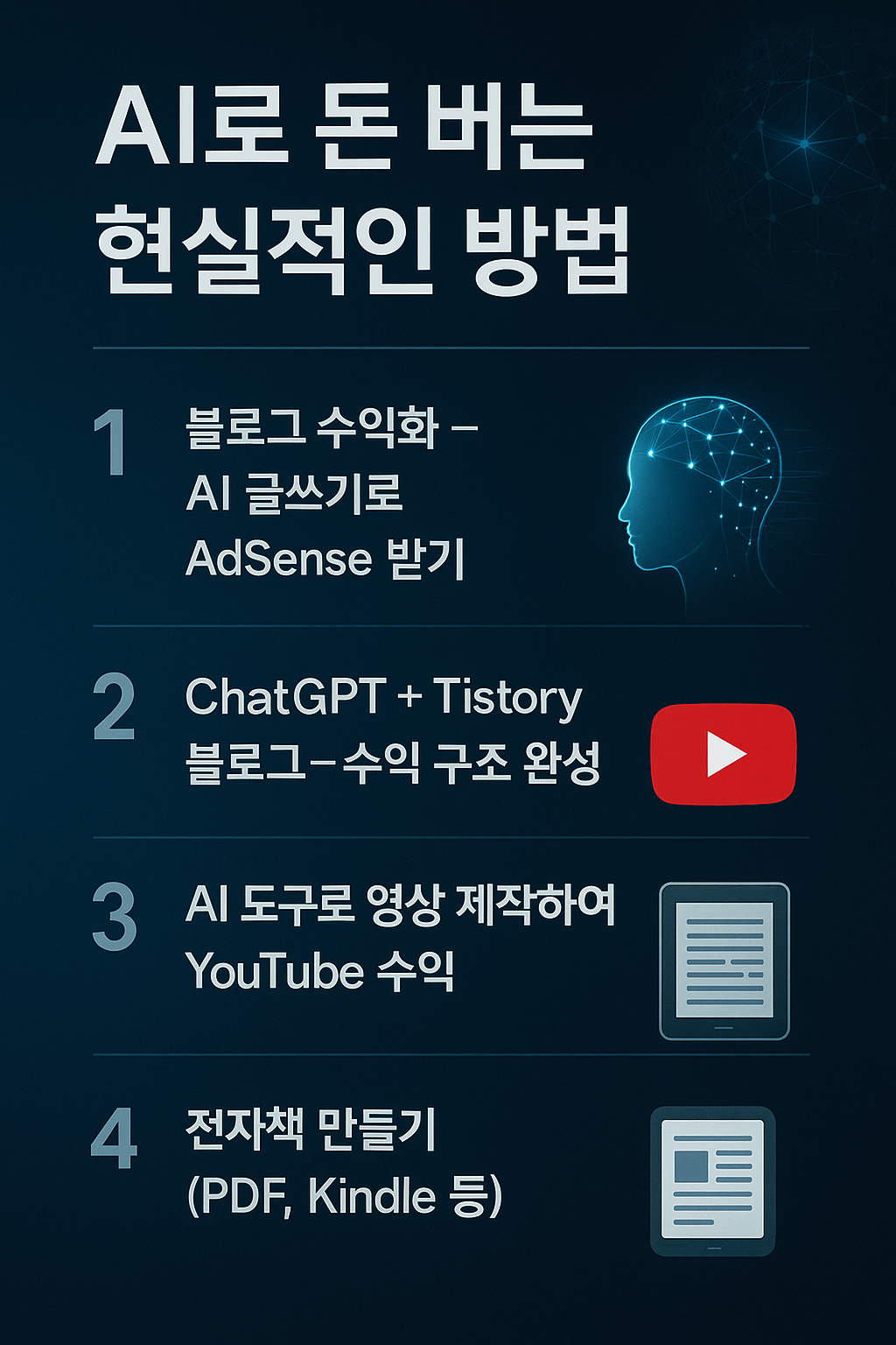 AI로 돈을 버는 현실적인 방법을 요약한 인포그래픽 - 블로그, 유튜브, 전자책 등 수익 전략 안내