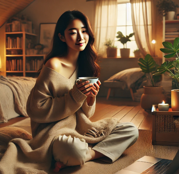 집에서 편하게 쉬고 있는 여성의 모습