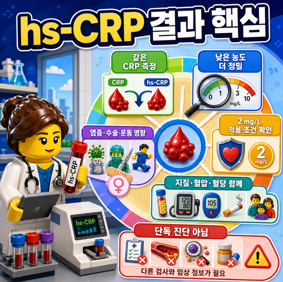 고감도 CRP(hs-CRP) 검사 결과의 핵심 확인사항으로 같은 CRP 측정, 낮은 농도 정밀 측정, 2 mg/L 적용 조건, 염증·수술·운동 영향, 관련 위험요소 및 검사 한계를 레고 스타일 의료 인포그래픽으로 정리한 이미지