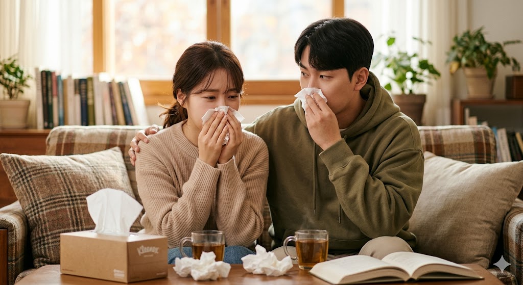 코를 푸는 남녀