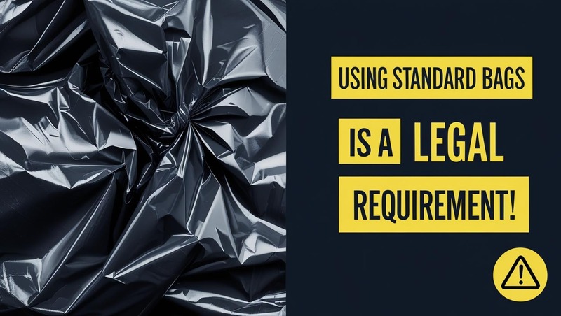검은 쓰레기봉투 이미지와 '규격 봉투 사용은 법적 의무' 문구가 강조된 디자인