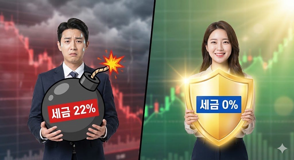 세금 고지서를 보고 울상 짓는 투자자와, '세금 0원' 방패를 들고 여유롭게 웃는 투자자의 대비 모습