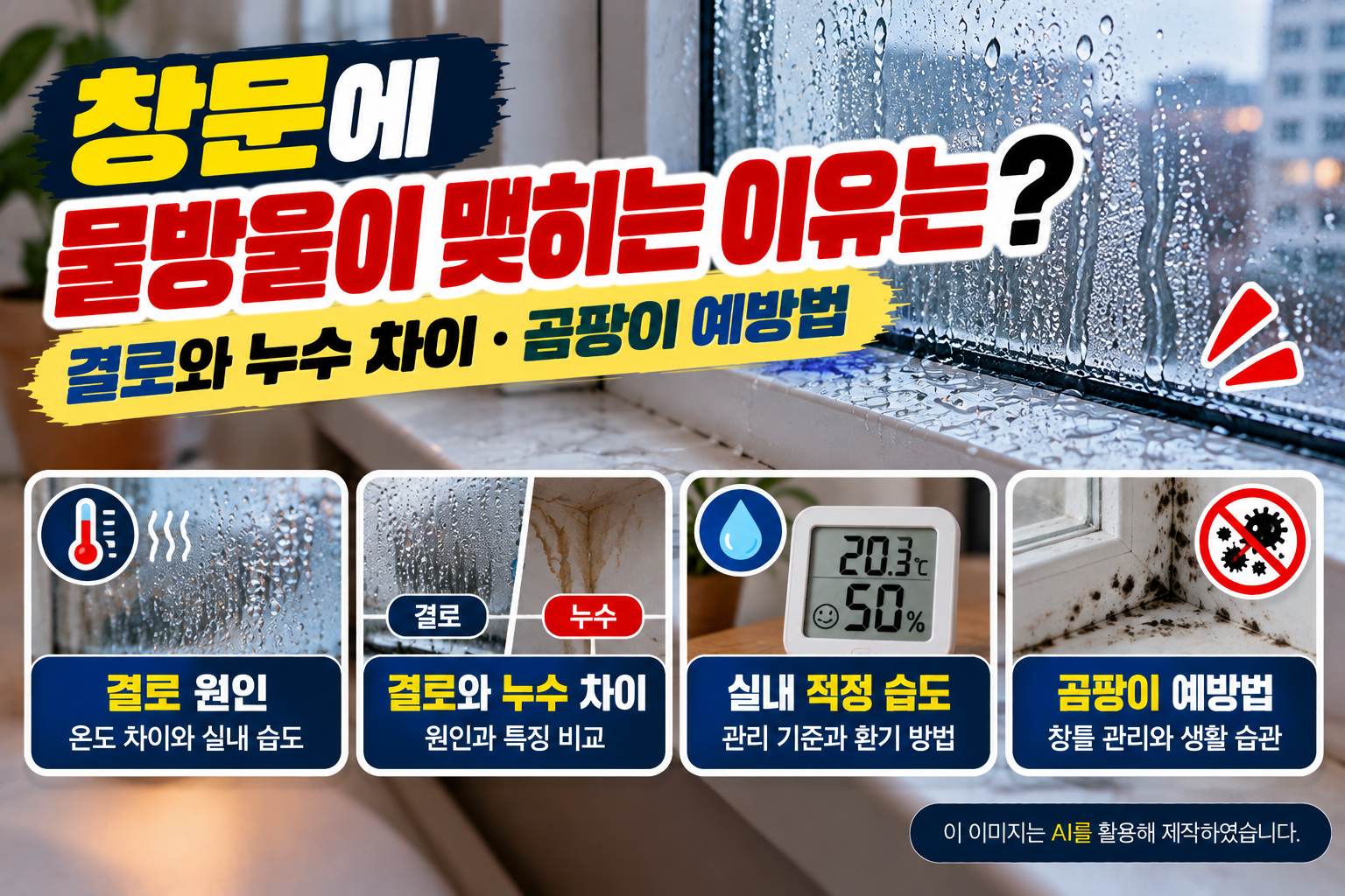 창문에 물방울이 맺히는 결로 현상을 배경으로 결로가 발생하는 원인, 결로와 누수의 차이, 실내 적정 습도 및 환기 방법, 창틀 곰팡이 예방법을 설명하는 이미지
