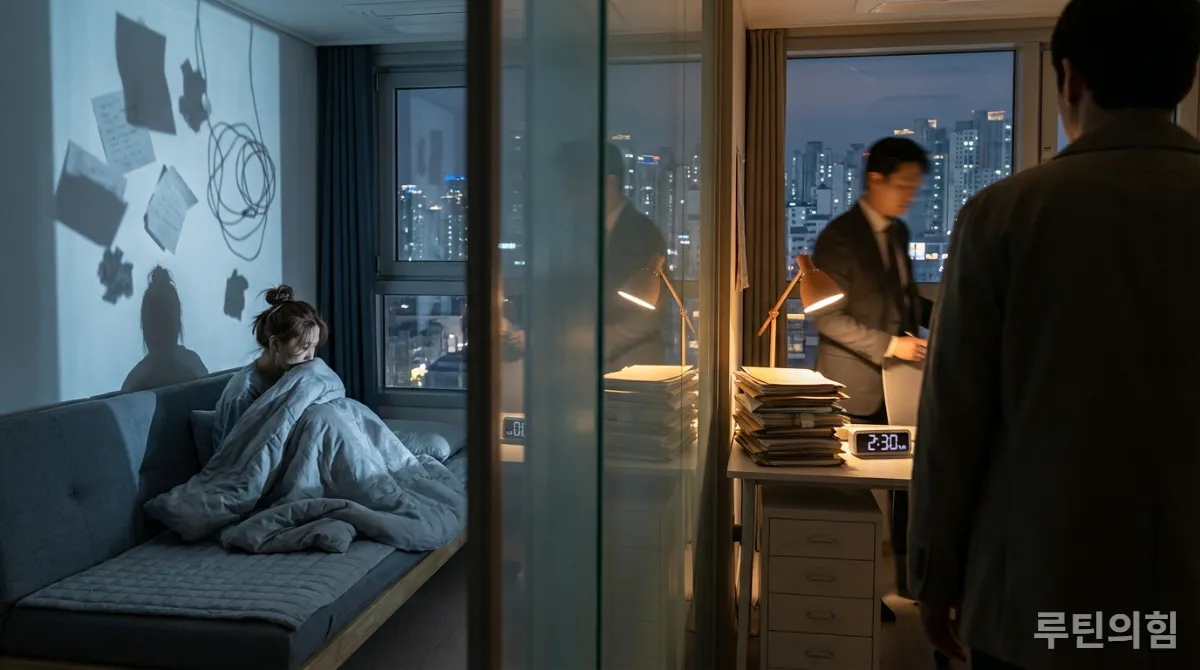 개인적인 어려움과 외부 압력이 뒤섞여 번아웃을 유발하는 복합적인 요인을 시각화한 이미지