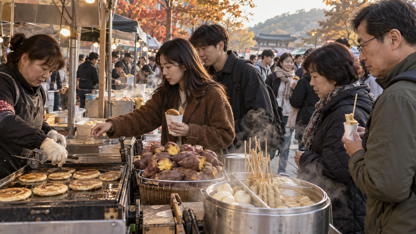 야외 장터에서 따뜻한 음식을 고르는 사람들