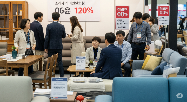 사람들이 가구를 체험하거나 상담받는 모습, 할인 문구가 눈에 띄는 활기찬 부스 전경