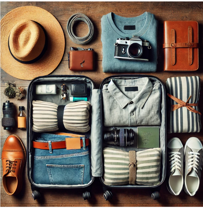 여행 캐리어를 싸기 위해서 필요한 짐을 정리해둔 모습