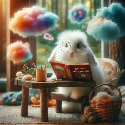 창가에 앉아 꿈에 대해 공부하는 토끼와 구름들.