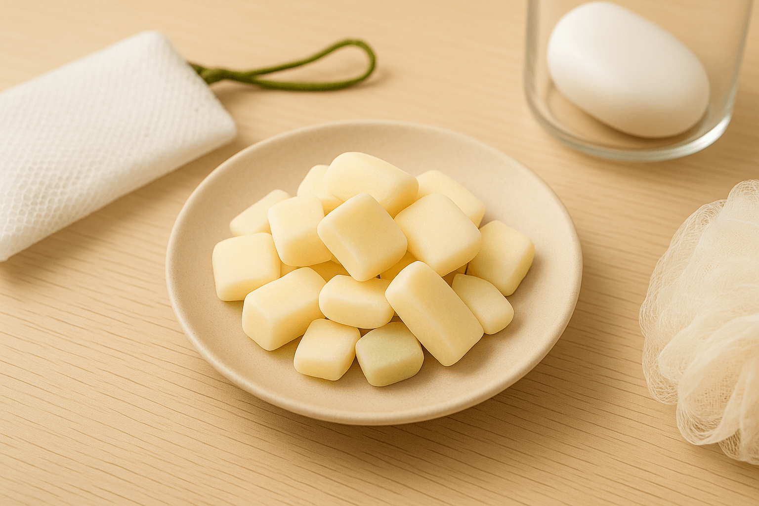 손톱 크기의 자투리 비누 조각들이 흰 접시에 모여 있는 모습. 생활용품 재활용 및 비누 활용법을 보여주는 이미지