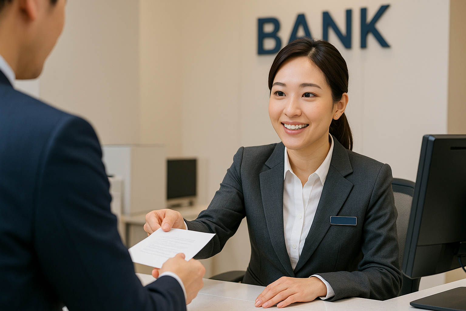 은행 카운터에서 고객을 응대하는 텔러