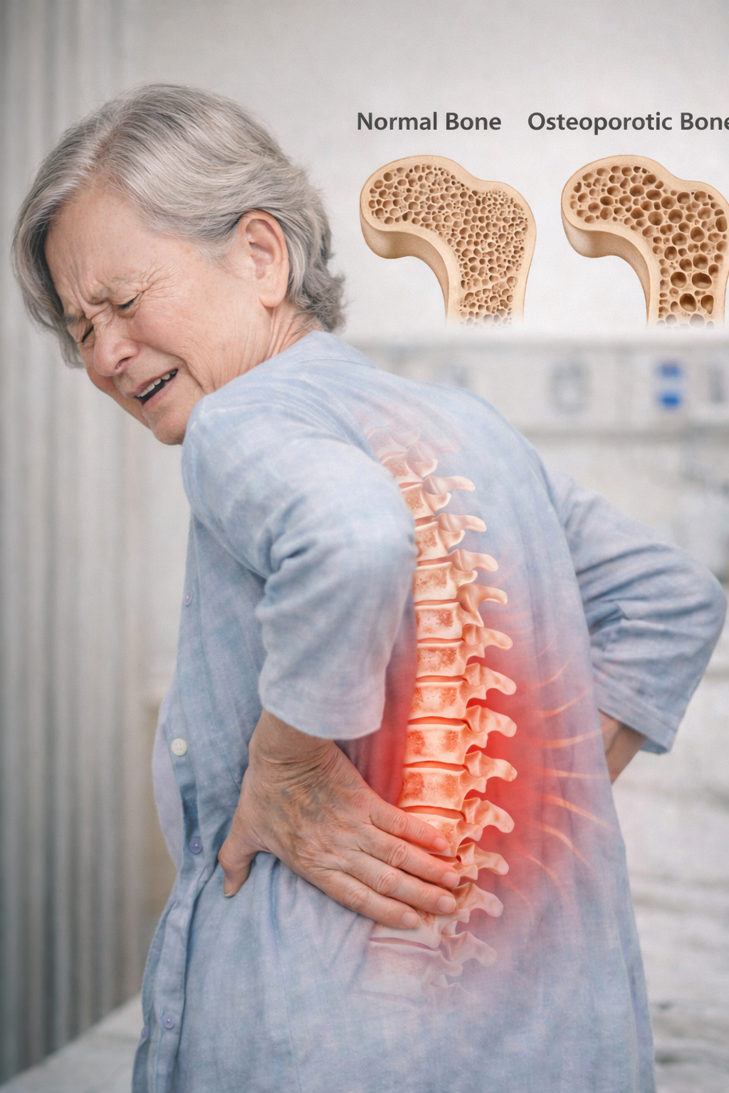 할머니가 골다공증에 걸려 힘들어하는 모습