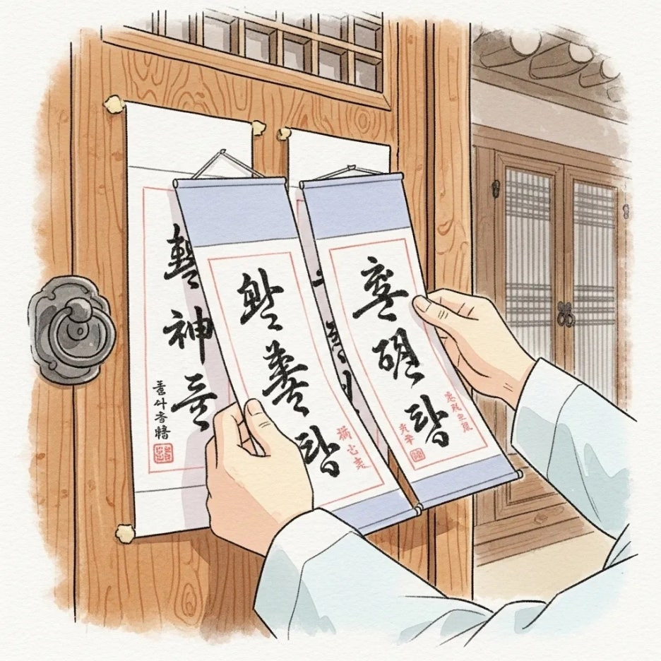 입춘대길 글귀를 대문에 붙이는 모습