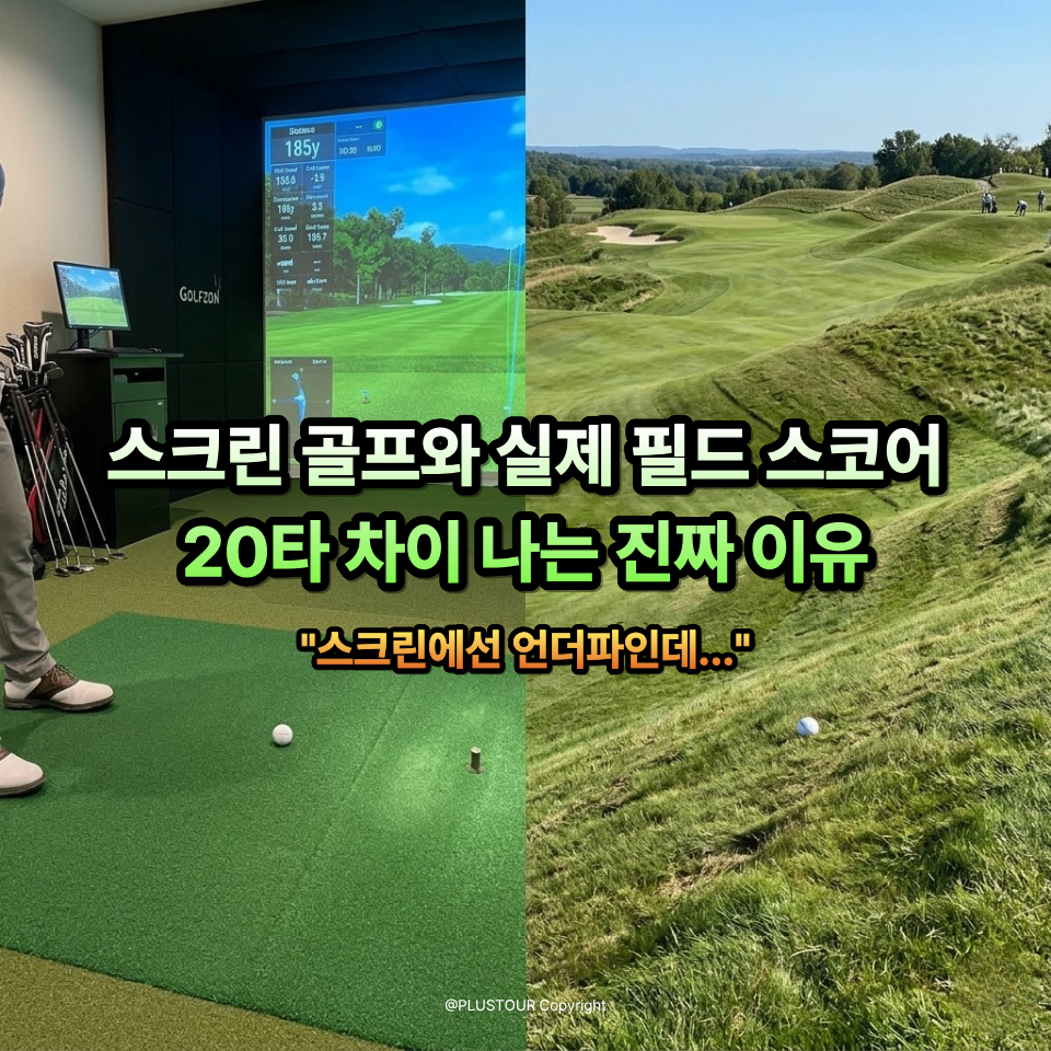스크린 골프와 실제 필드 스코어 차이를 나타내는 실내 골프장과 필드의 경사면 차이를 보이는 2분할 썸네일 이미지.