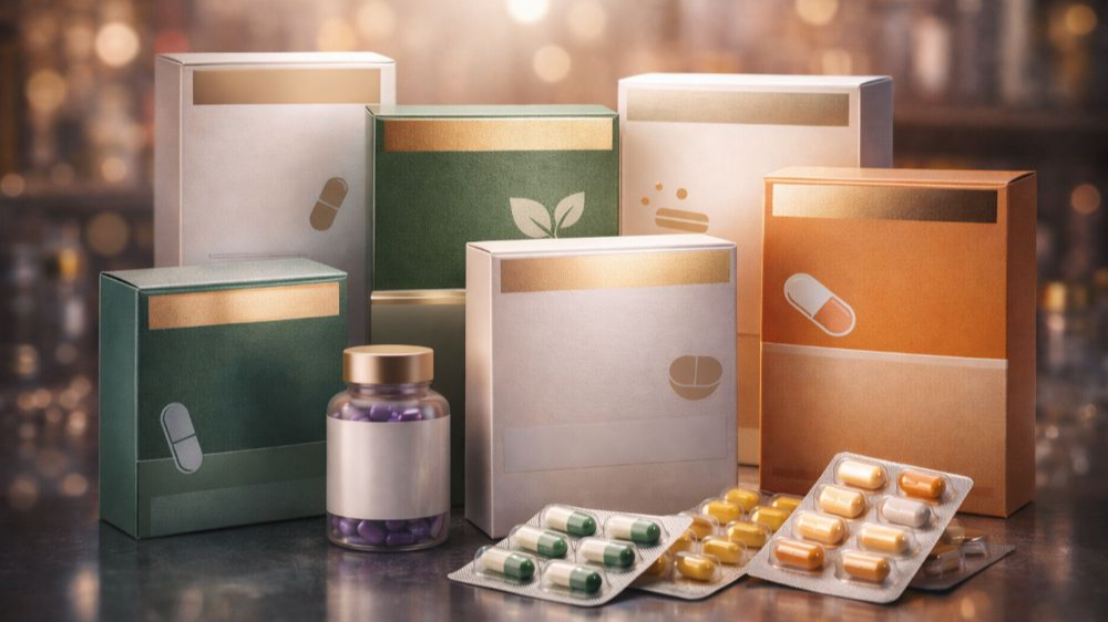 이름 없는 상자와 캡슐 약 포장이 화려하게 진열된 장면으로, 진짜 효능을 알 수 없는 건강 보조제 판매 위험성을 상징하는 이미지