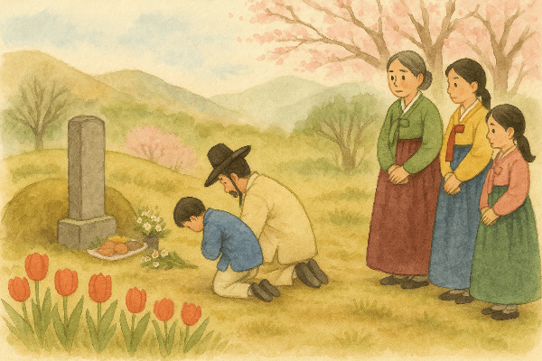 한식, 성묘하는 모습 이미지