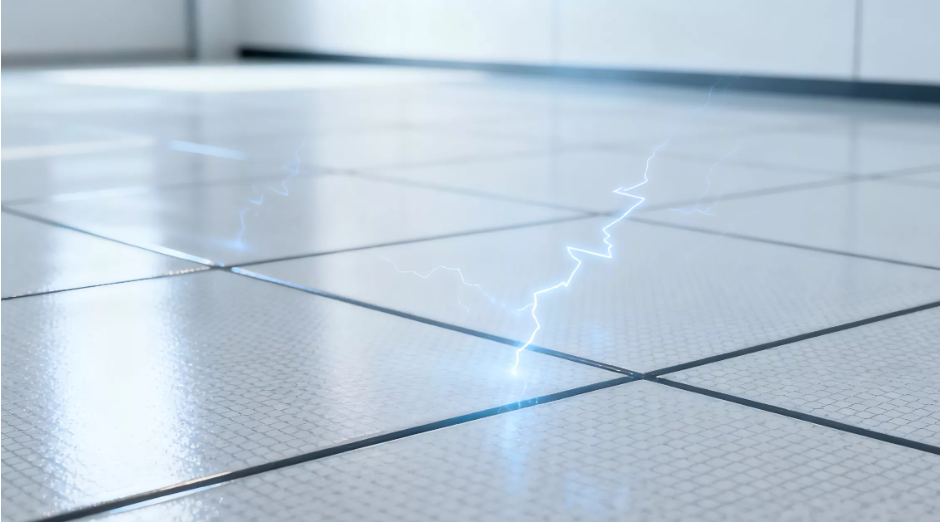 정전기 방지 바닥재가 전하가 축적되지 않도록 인체와 설비로부터 발생한 전하를 바닥을 통해 확산&middot;소멸시키는 것을 표현한 그림.&rdquo;