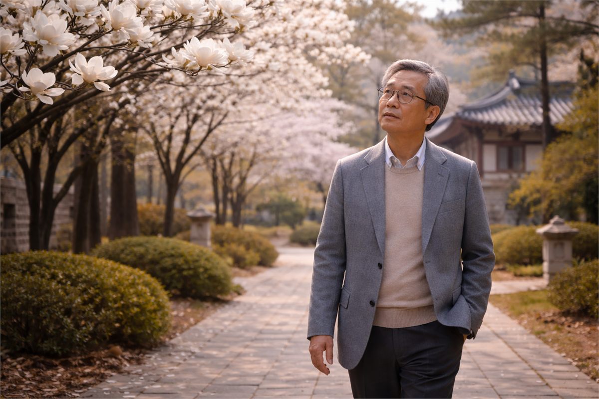 목련 아래를 걷는 중년 남성이 차분한 분위기를 주는 장면 
