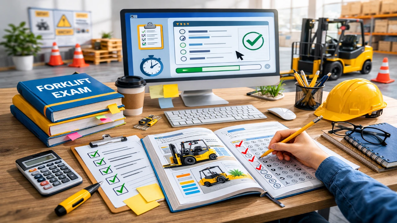 지게차운전기능사 필기시험 준비를 위해 책상 위 교재와 체크리스트, CBT 화면 형태의 모니터가 함께 배치된 본문 이미지