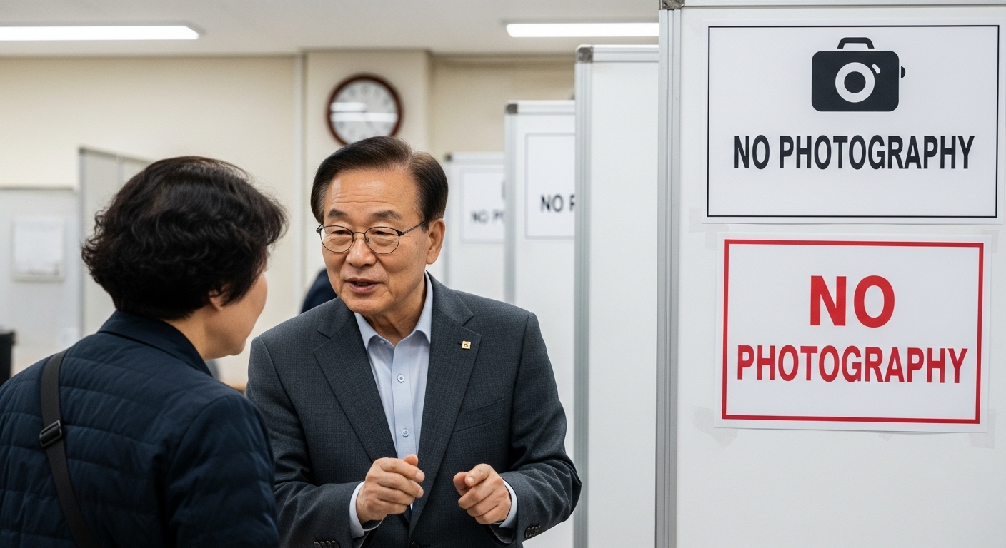 선거 관리인이 유권자에게 주의사항을 설명하는 모습