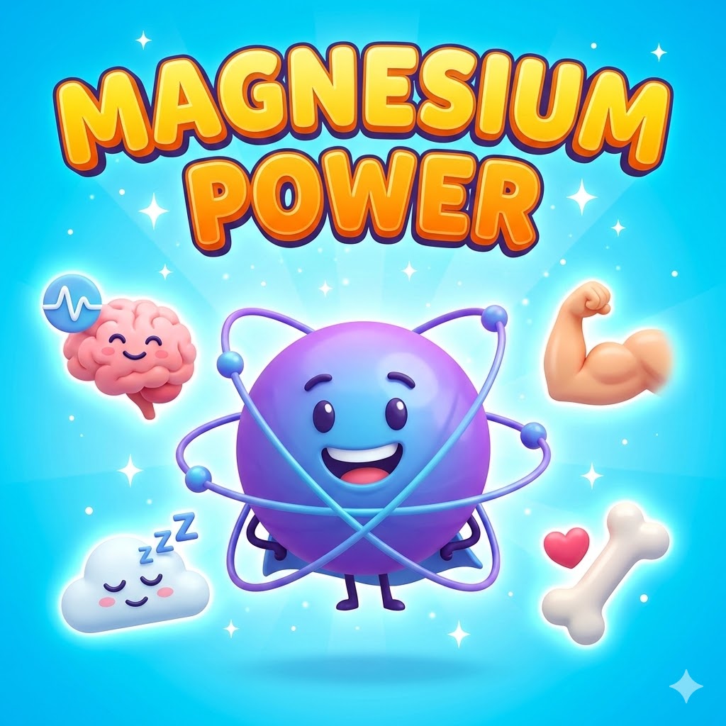 활기찬 마그네슘 캐릭터가 뇌, 근육, 숙면, 뼈 건강 아이콘에 둘러싸여 있는 3D 카툰 일러스트. 'MAGNESIUM POWER'라는 영어 문구가 디자인되어 있음.