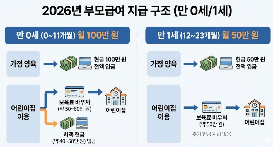 2026년 부모급여 만 0세 1세 지급 금액 비교표]