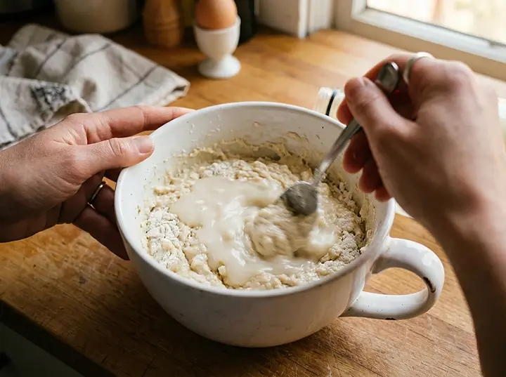 머그컵 안에서 핫케이크가루와 막걸리 반죽을 숟가락으로 15~20번만 가볍게 섞는 과정 &mdash; 덩어리가 조금 남은 상태가 올바른 반죽