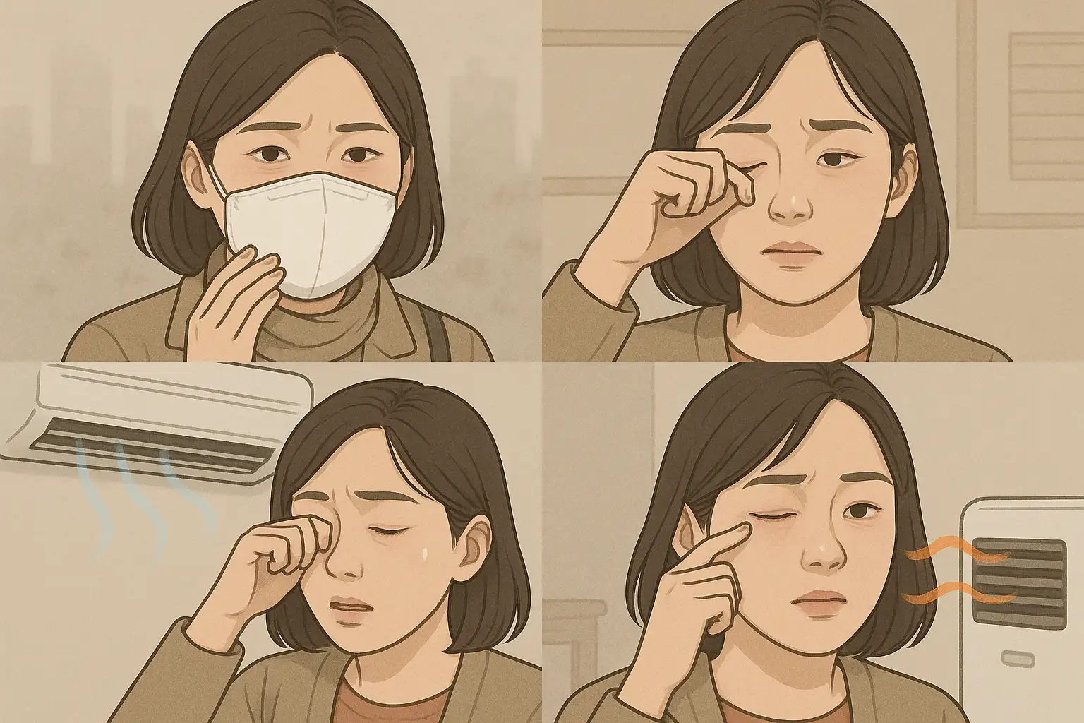 미세먼지 많은 날 외출한 사람의 눈, 실내 건조 환경에서 눈이 건조해지는 모습, 에어컨·히터 바람이 눈에 직접 닿는 장면