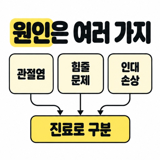 원인은 여러 가지 제목 아래 관절염, 힘줄 문제, 인대 손상을 같은 크기의 묶음으로 나열하고 진료로 구분으로 연결한 이미지