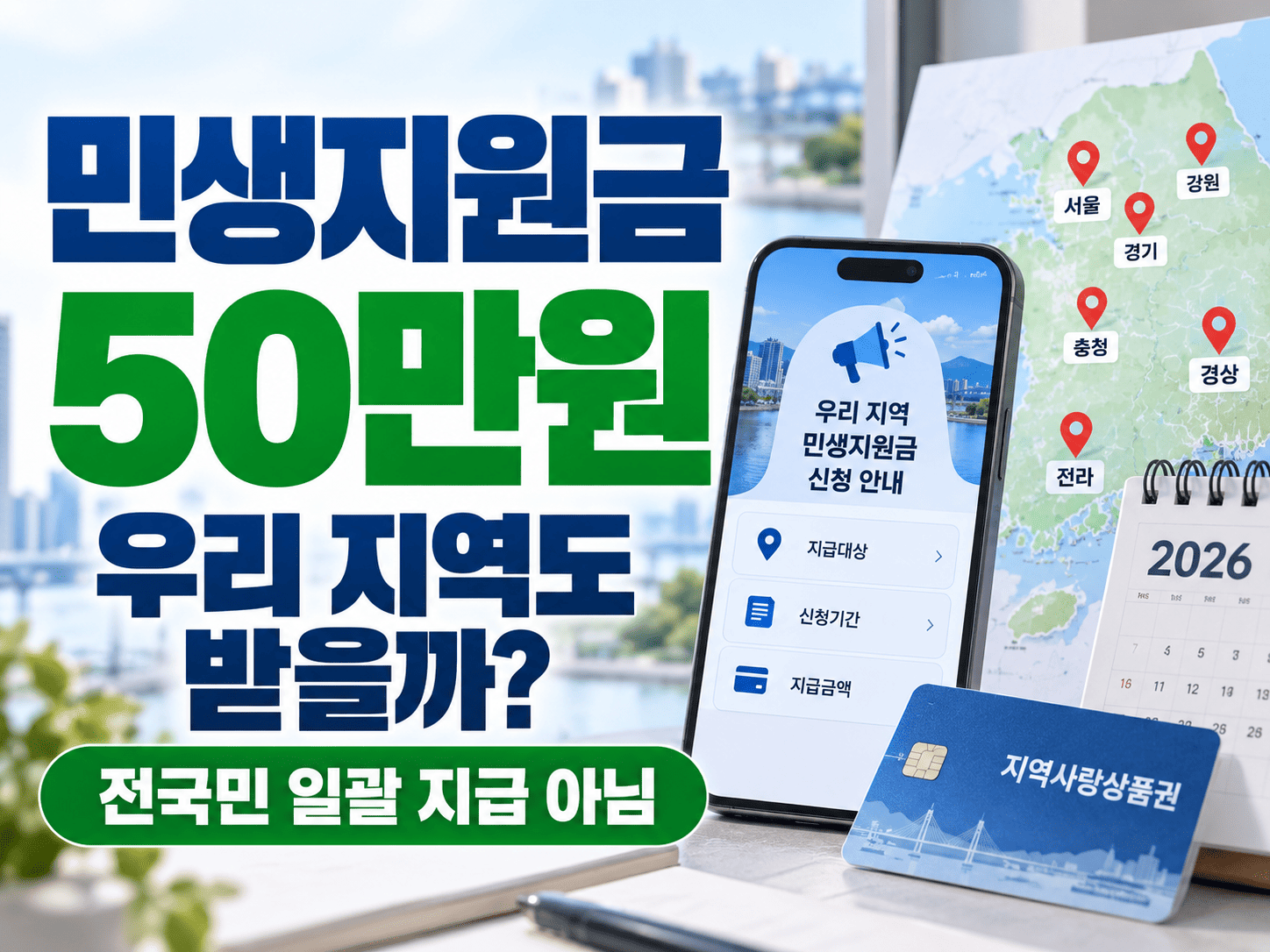 휴대전화의 지역 지원금 공고와 50만원 표시, 위치 핀과 달력을 함께 보여주는 생활정보 이미지