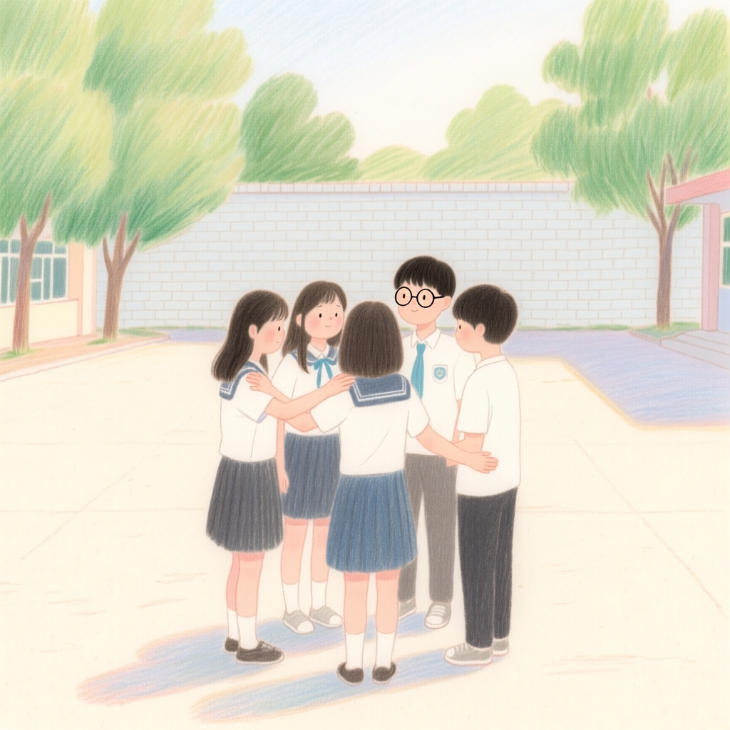 학교 복도에서 서로의 안부를 묻고 곁을 지키려 모인 아이들의 로컬 AI 상상 삽화