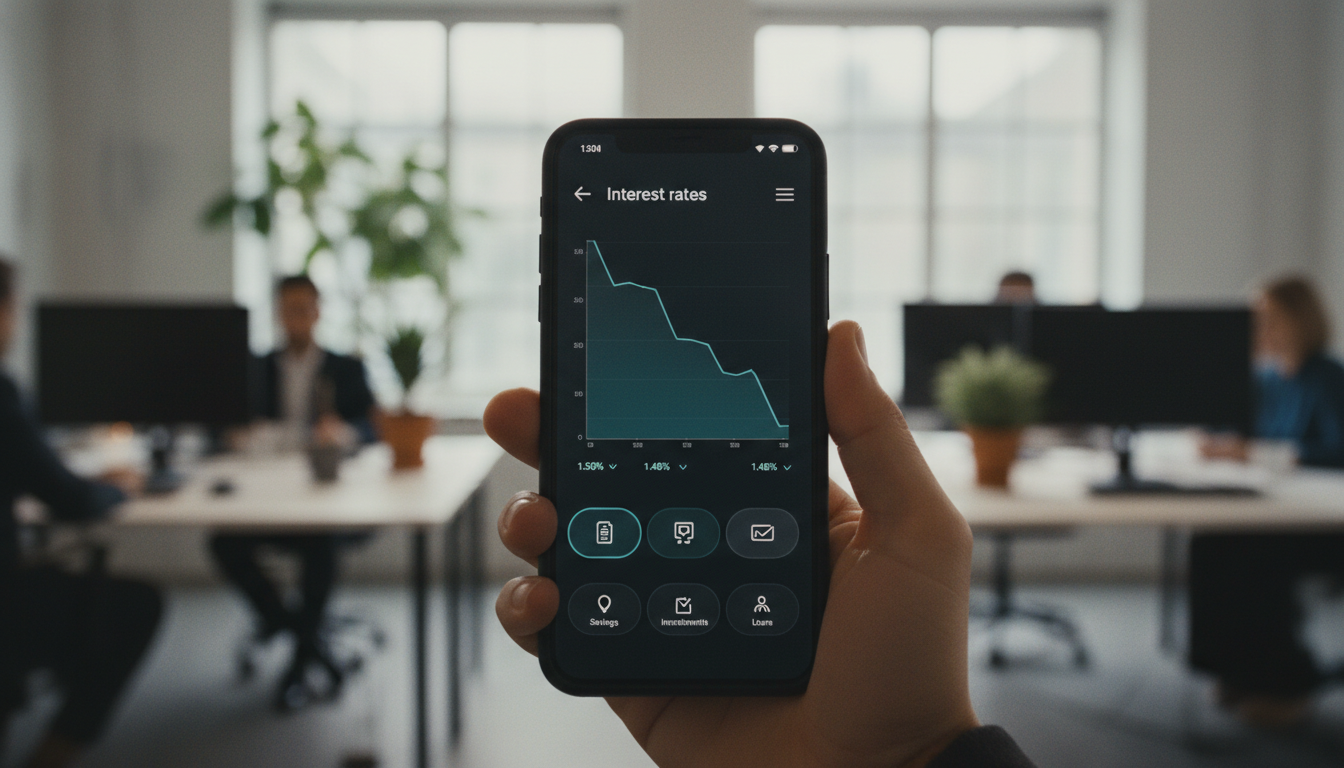 스마트폰 화면을 잡고 있는 손의 클로즈업 샷. 세련된 핀테크 앱 인터페이스에 금리가 내려가는 것을 나타내는 하향 그래프가 보임. 배경은 흐릿한 현대적인 사무실 환경. 사실적인 사진, 8k.