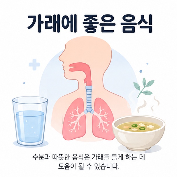 물과 따뜻한 국물을 이용해 가래가 있을 때 수분을 보충하는 방법을 안내한 이미지