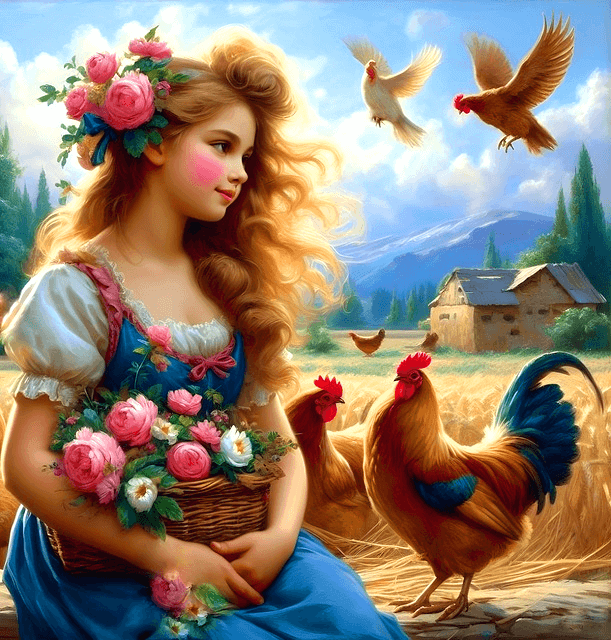 긴 갈색머리 아가씨가 머리에 분홍장미를 꽂고 앉아있다. 주변엔 갈색 닭들이 있다.