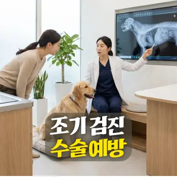 조기 검진 수술 예방
동물병원에서 수의사(한국인)가 보호자에게 강아지의 엑스레이 결과를 설명하고 있고, 보호자(한국인)가 이를 집중해서 듣고 있는 장면