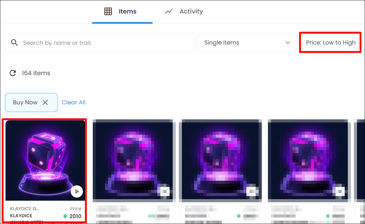 Items 탭에서 가격 낮은순으로 체크하고 가장 왼쪽에 있는 낮은 가격의 NFT를 선택하는 사진