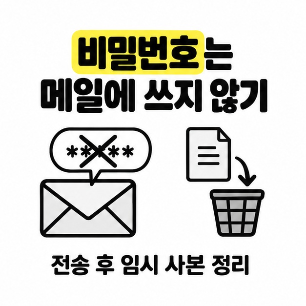 비밀번호를 메일에 적지 않고 전송 후 임시 사본을 정리하는 보안 안내 그림
