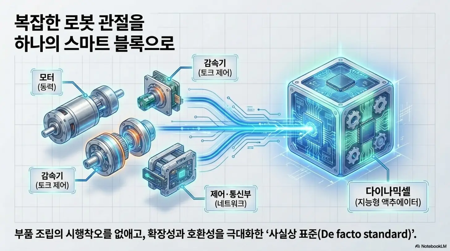로보티즈 주가 전망: 로보티즈의 스마트 액추에이터 다이나믹셀이 모터&amp;#44; 감속기&amp;#44; 제어&middot;통신부를 하나로 합친 구조임을 보여주는 이미지. 복잡한 로봇 관절 부품을 하나의 스마트 블록으로 통합해 확장성과 호환성을 극대화하며 사실상 표준 부품이 된 점을 시각적으로 전달함