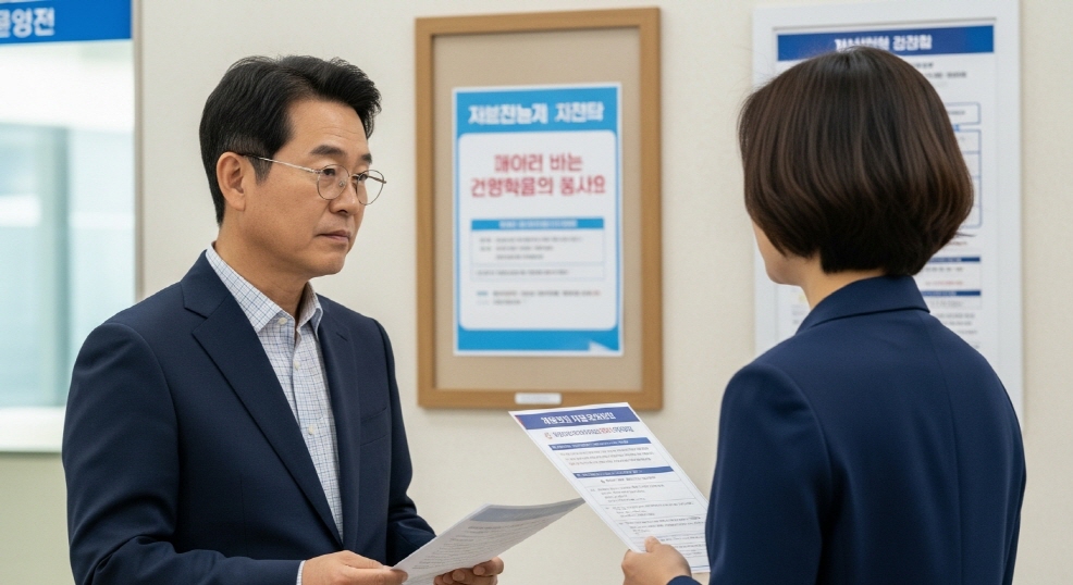 관공서나 주민센터에서 안내문 보는 50대 남성