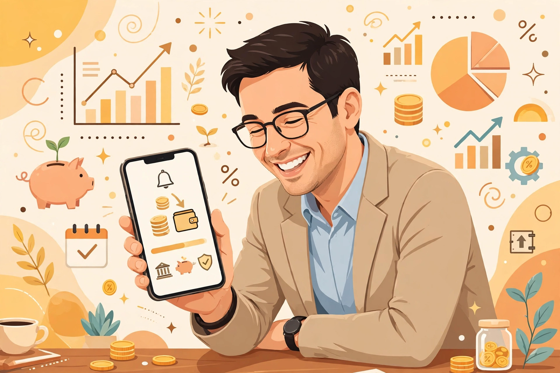 스마트폰으로 월배당 ETF 분배금 입금 알림을 확인하는 직장인 일러스트