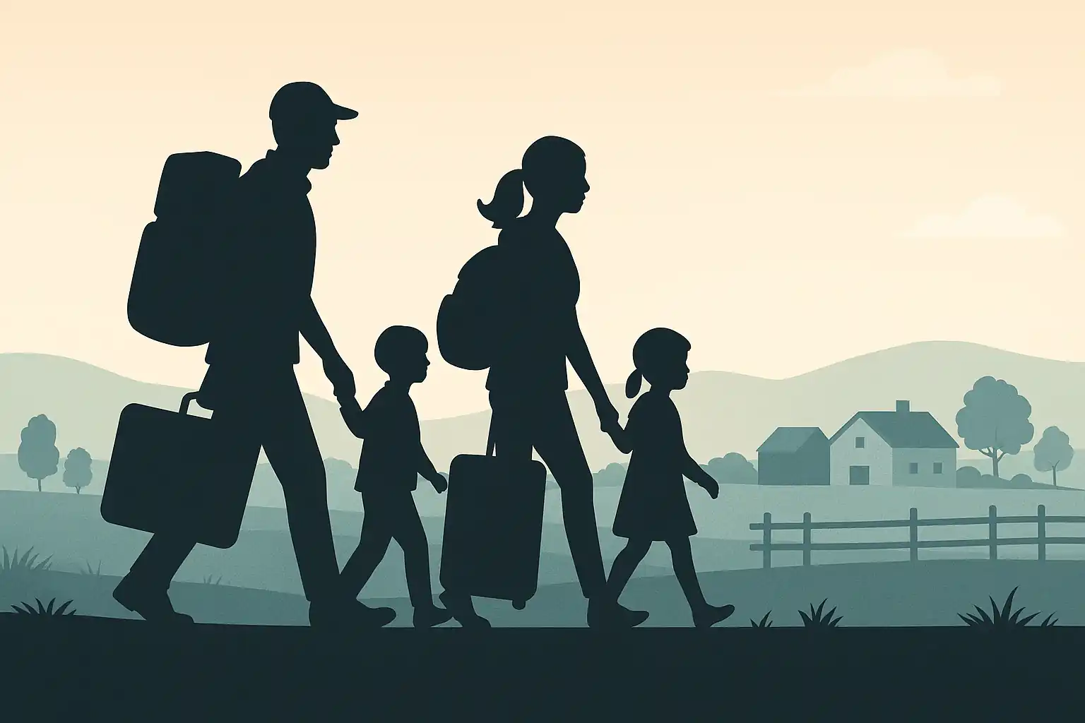 농촌 배경에서 짐을 싸서 이주하는 가족의 실루엣을 표현한 일러스트 이미지