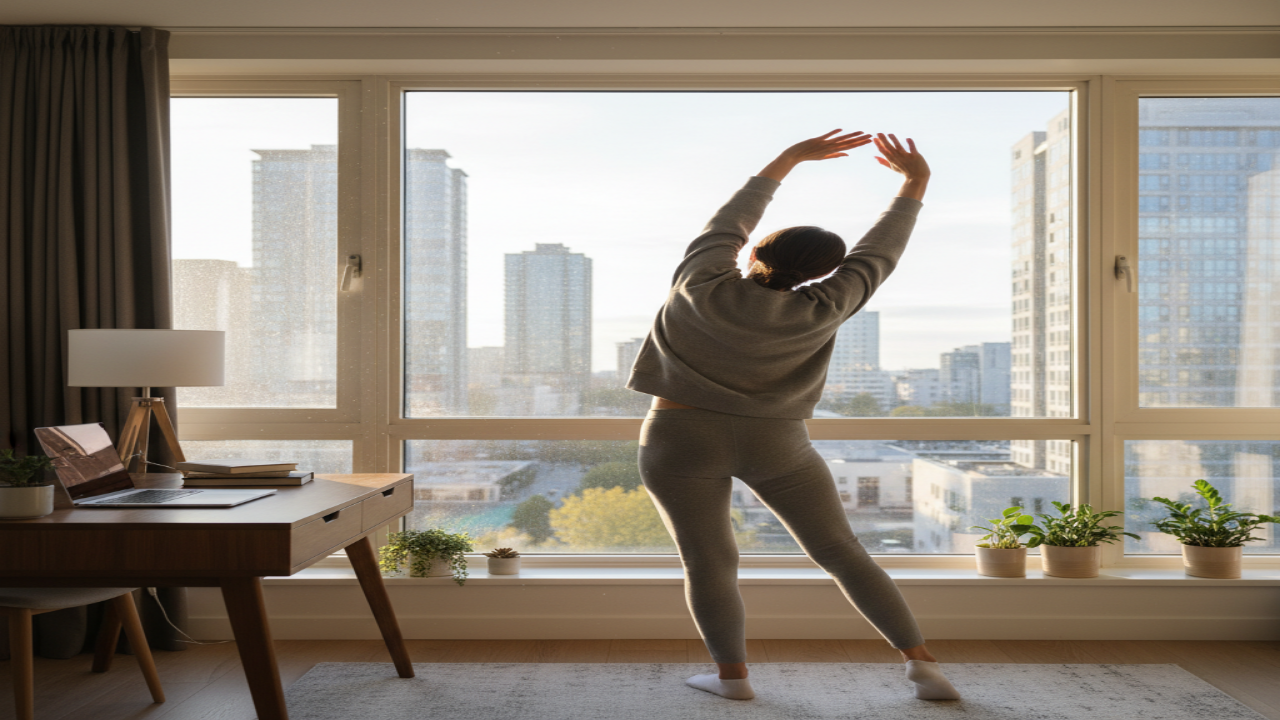 오랜 시간 앉아서 생활하는 성인의 운동부족과 건강 관리 모습