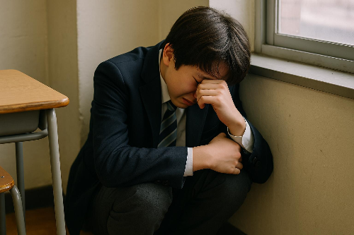 학교폭력 피해 남자 중학생이 교실 구석에서 괴로워 하고 있는 모습