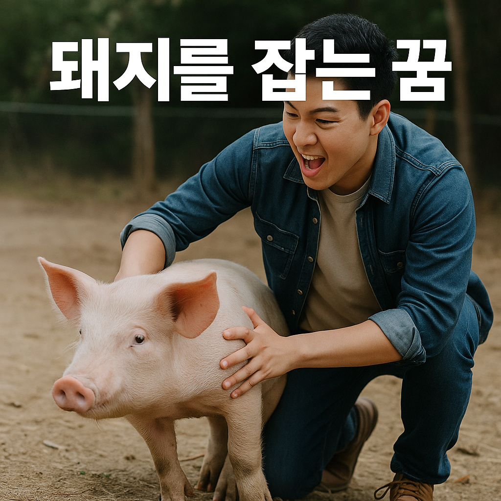 돼지를 잡는 꿈 – 돼지를 양손으로 붙잡고 웃고 있는 젊은 한국 남성의 모습