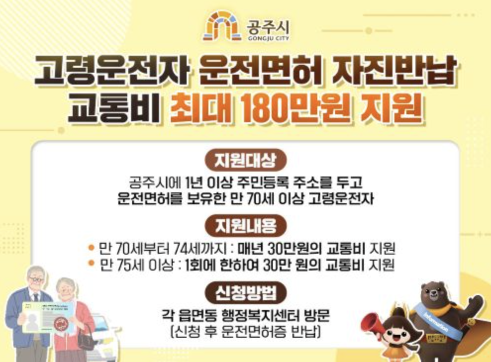 2026 공주시 운전면허 반납 180만원 혜택 총정리