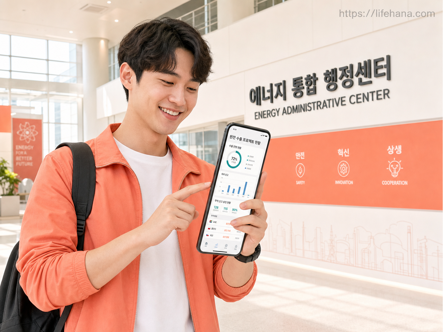 스마트폰 전산 모니터를 통해 가스공사의 대륙별 도입량 변화 그래프와 체코 원전 FSR 미개시 통보 서류를 실시간 자가 점검하는 캡처 화면