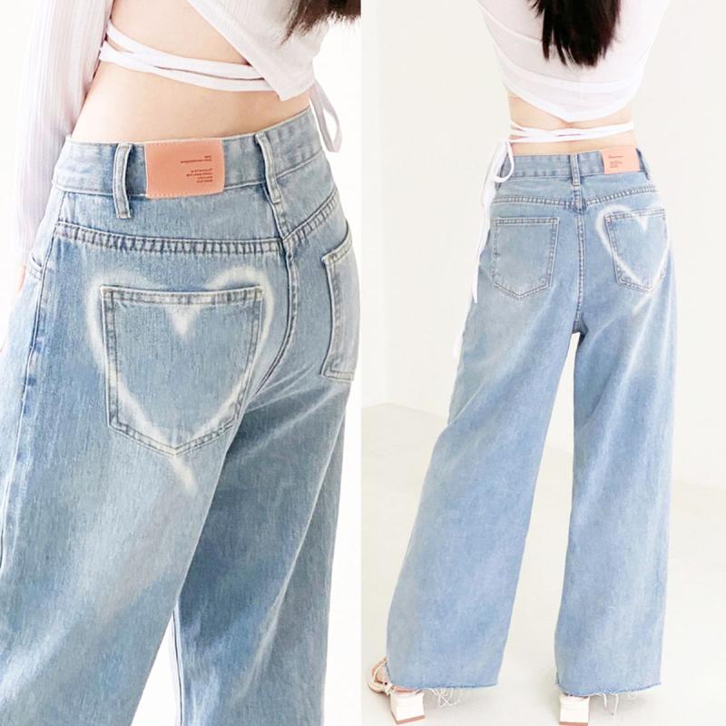 하트 워싱 하이웨이스트 와이드 데님팬츠 하트청바지 연청바지