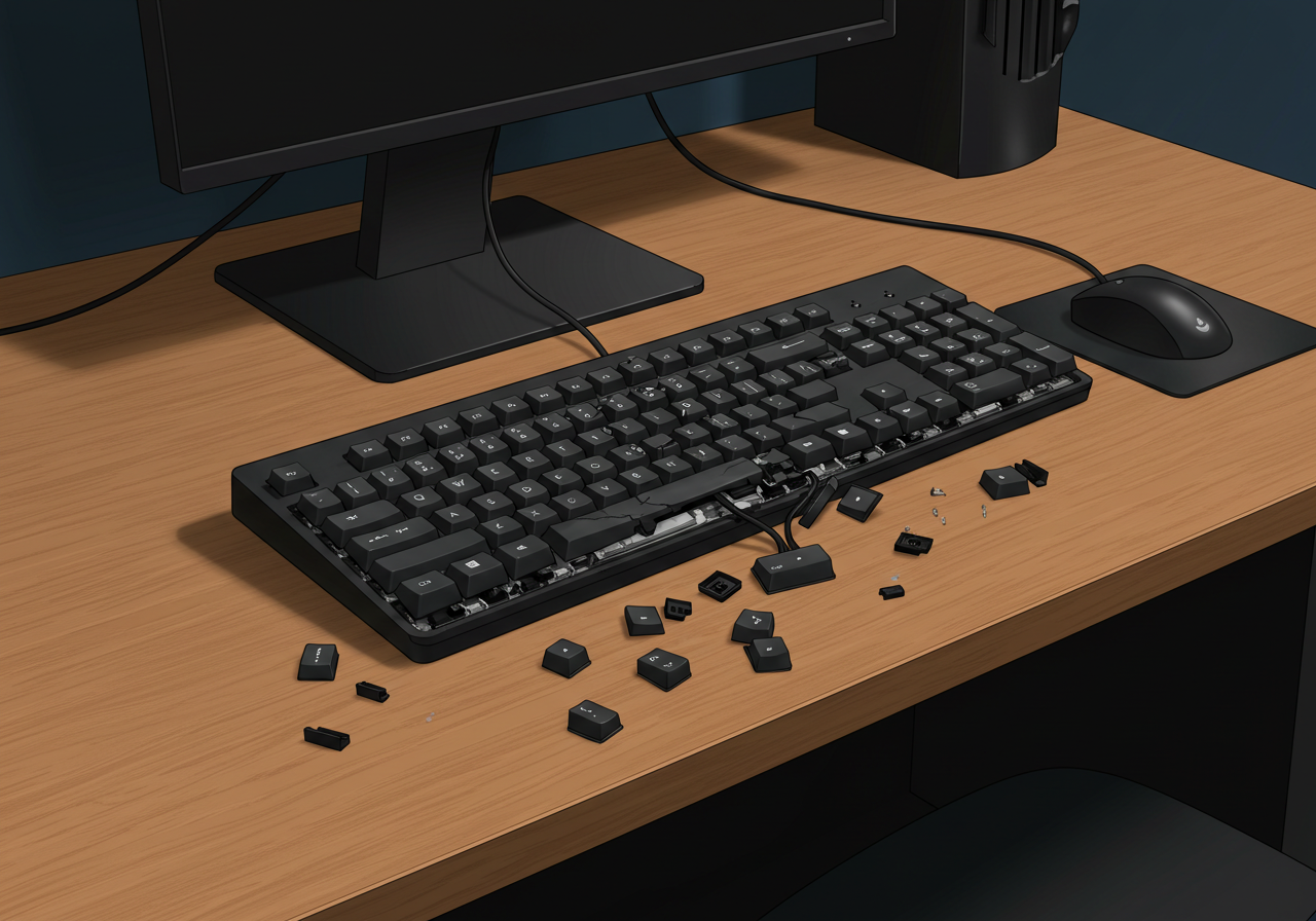 PC방에서 부서진 키보드와 자리를 몰래 떠나는 사람을 묘사한 일러스트