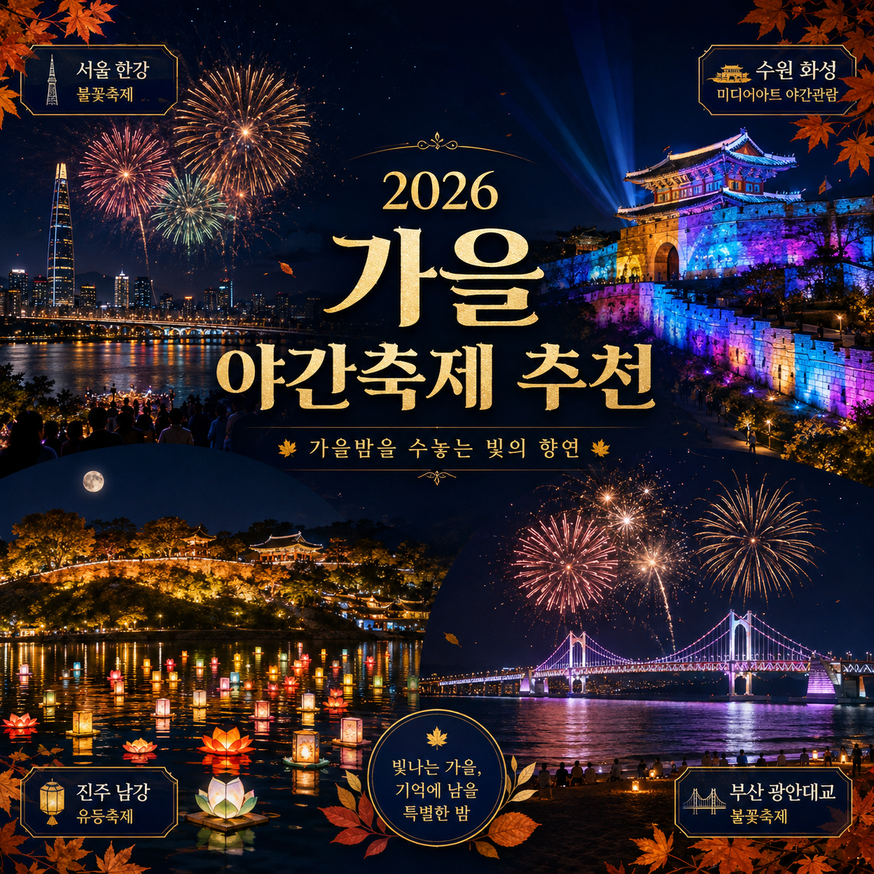 2026 가을 야간축제 서울 불꽃 수원 미디어아트 진주 유등 부산 불꽃 비교 이미지